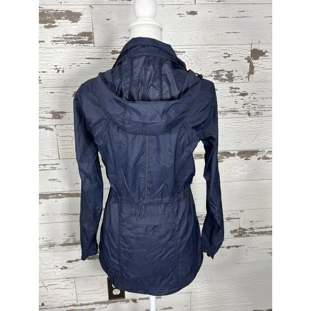 ATHLETA Lightweight Windbreaker Jacket Stowable Hood Navy XS EUC